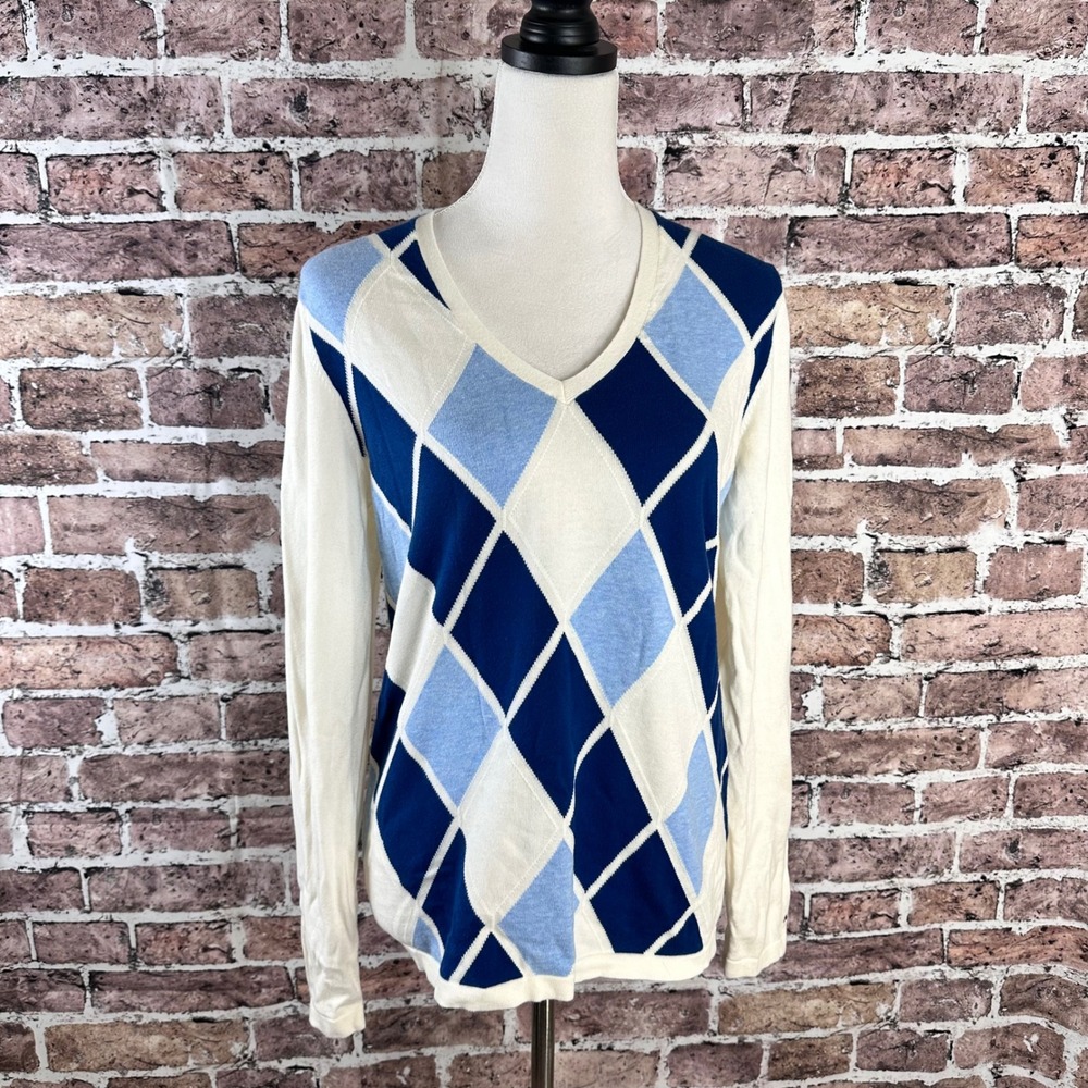 Tommy Hilfiger‎ Womens Argyle V Neck Sweater Cream Blue L/G 100% Pima Cotton